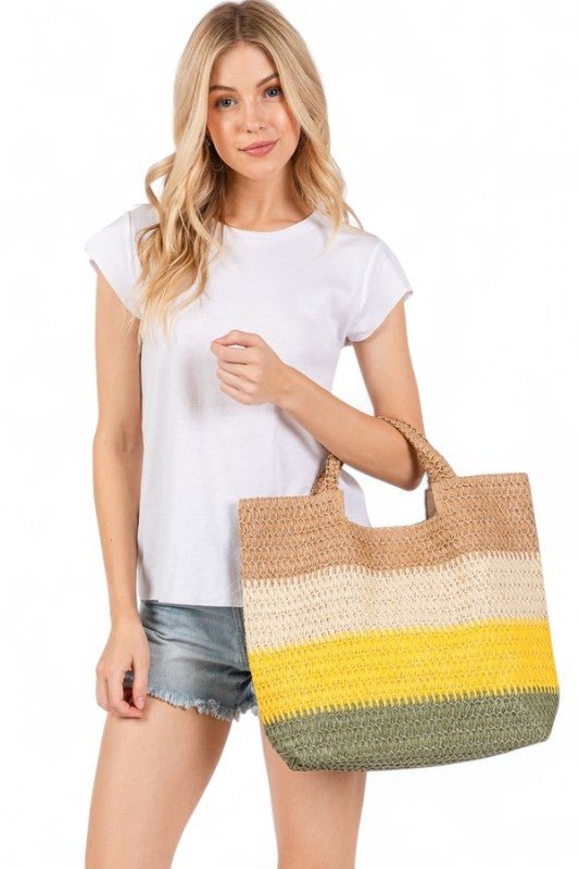 Faux Straw Tri - Tone Tote - Blu Lotus Boutique