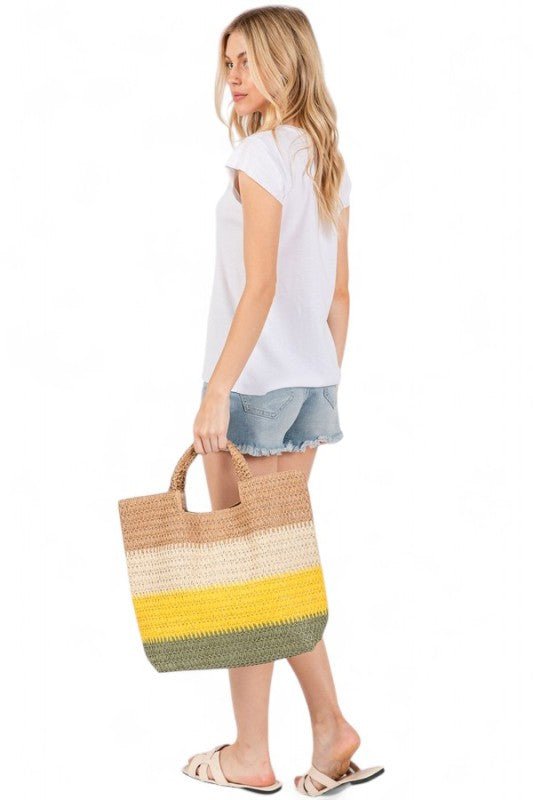 Faux Straw Tri - Tone Tote - Blu Lotus Boutique