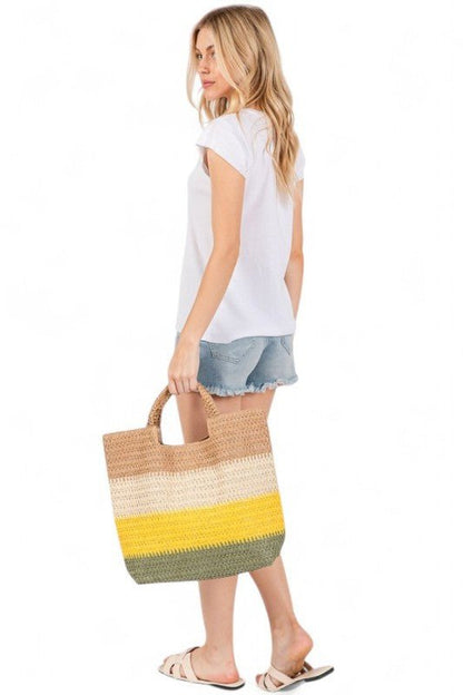 Faux Straw Tri - Tone Tote - Blu Lotus Boutique
