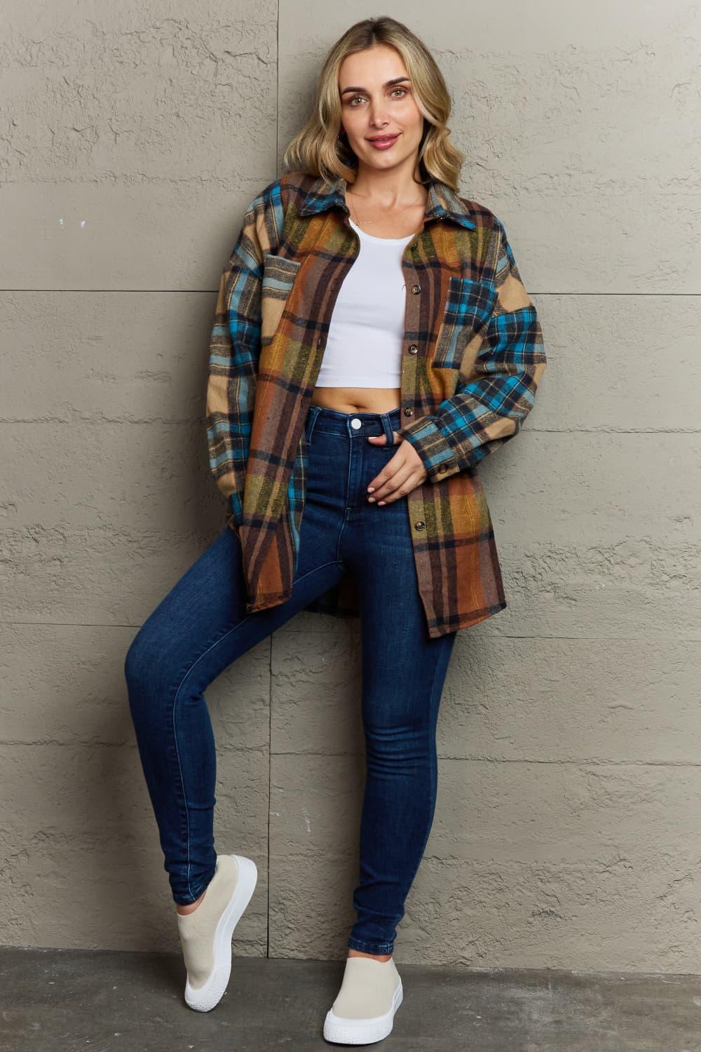 Double Take Plaid Curved Hem Shirt Jacket with Breast Pockets - Blu Lotus Boutique