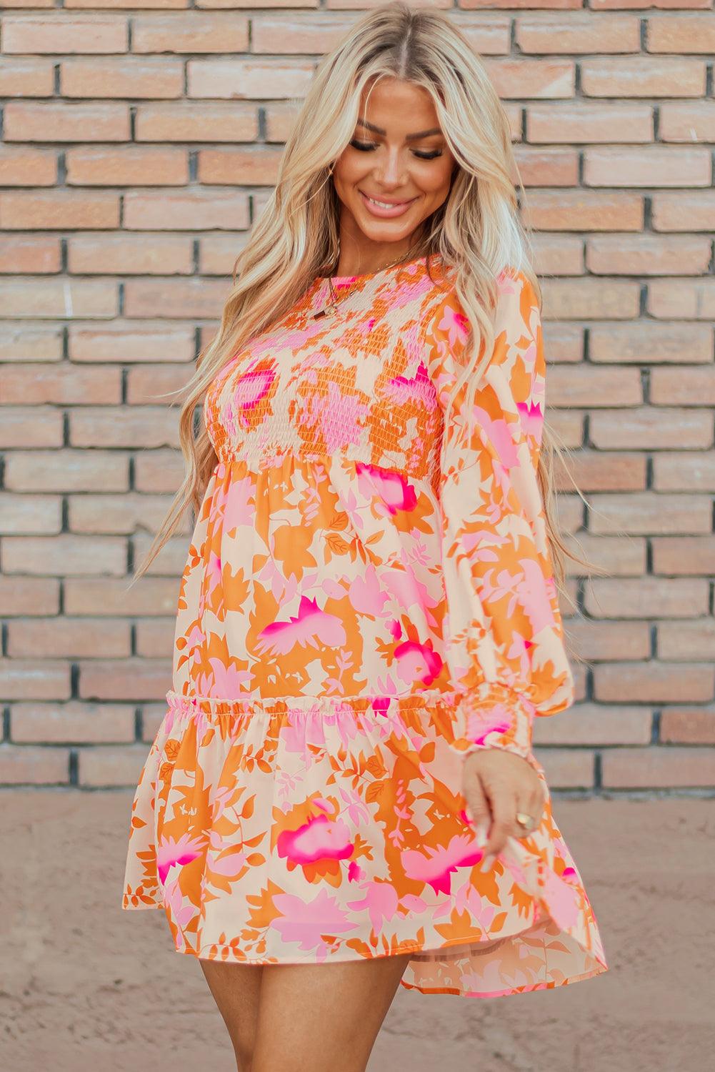 Orange Abstract Print Smocked Lantern Sleeve Ruffle Mini Dress - Blu Lotus Boutique