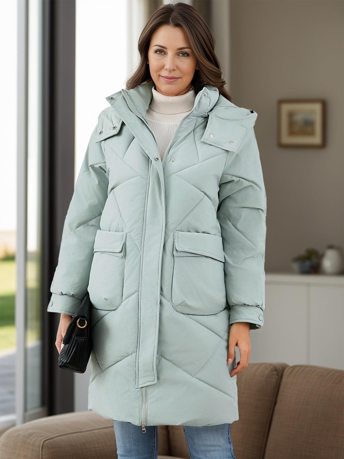 Long Sleeve Longline Hooded Winter Coat with Pockets - Blu Lotus Boutique