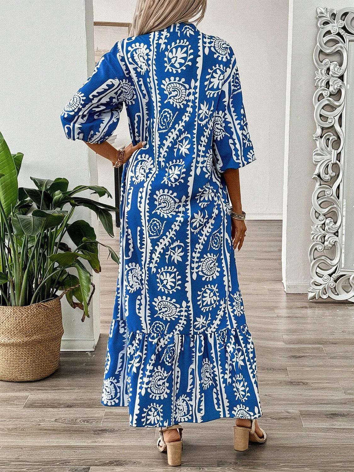 Printed Notched Half Sleeve Maxi Dress - Blu Lotus Boutique