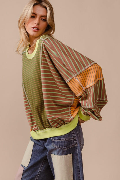 BiBi Color Block Striped Round Neck Sweatshirt - Blu Lotus Boutique