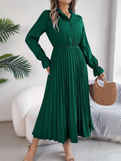 Pleated Half Button Long Sleeve Midi Dress - Blu Lotus Boutique