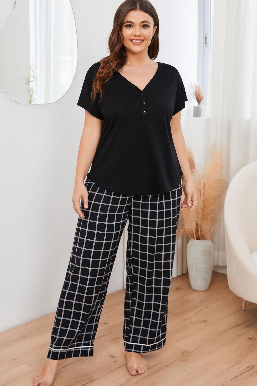 Plus Size V-Neck Top and Plaid Pants Lounge Set - Blu Lotus Boutique