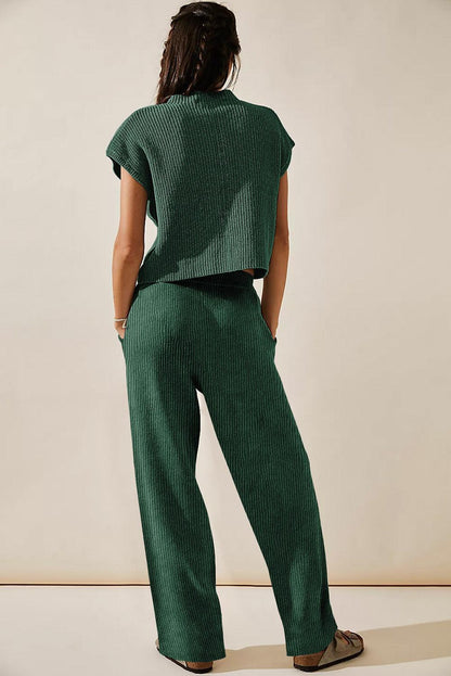 Green Knitted V Neck Sweater and Casual Pants Set - Blu Lotus Boutique