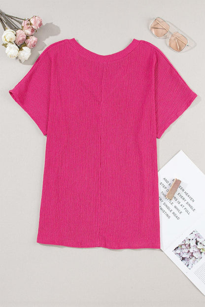 Bright Pink Crinkled V Neck Wide Sleeve T-shirt - Blu Lotus Boutique