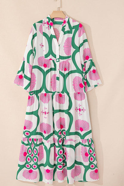 Printed Notched Long Sleeve Maxi Dress