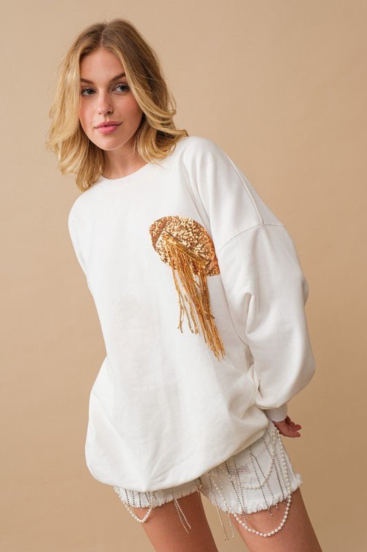Fleece Terry Football Sequin Patch Sweatshirt - Blu Lotus Boutique