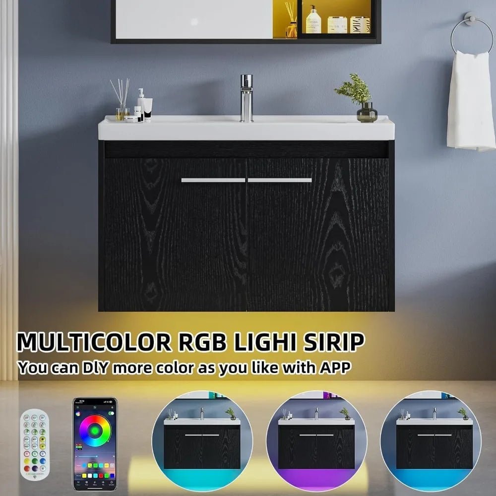 Floating Bathroom Vanity with Sink, Modern Clearance Bathroom Vanities LED Light, 31" Black Bathroom Sink Cabinet with 2 Doors - Blu Lotus Boutique