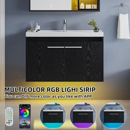 Floating Bathroom Vanity with Sink, Modern Clearance Bathroom Vanities LED Light, 31" Black Bathroom Sink Cabinet with 2 Doors - Blu Lotus Boutique
