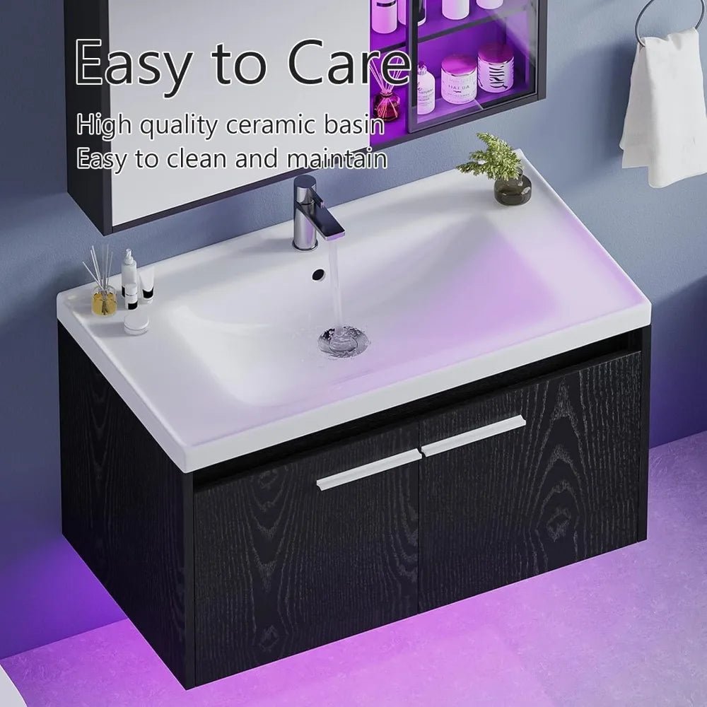 Floating Bathroom Vanity with Sink, Modern Clearance Bathroom Vanities LED Light, 31" Black Bathroom Sink Cabinet with 2 Doors - Blu Lotus Boutique