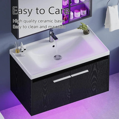 Floating Bathroom Vanity with Sink, Modern Clearance Bathroom Vanities LED Light, 31" Black Bathroom Sink Cabinet with 2 Doors - Blu Lotus Boutique