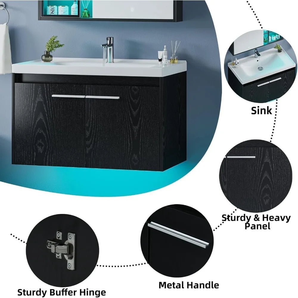 Floating Bathroom Vanity with Sink, Modern Clearance Bathroom Vanities LED Light, 31" Black Bathroom Sink Cabinet with 2 Doors - Blu Lotus Boutique
