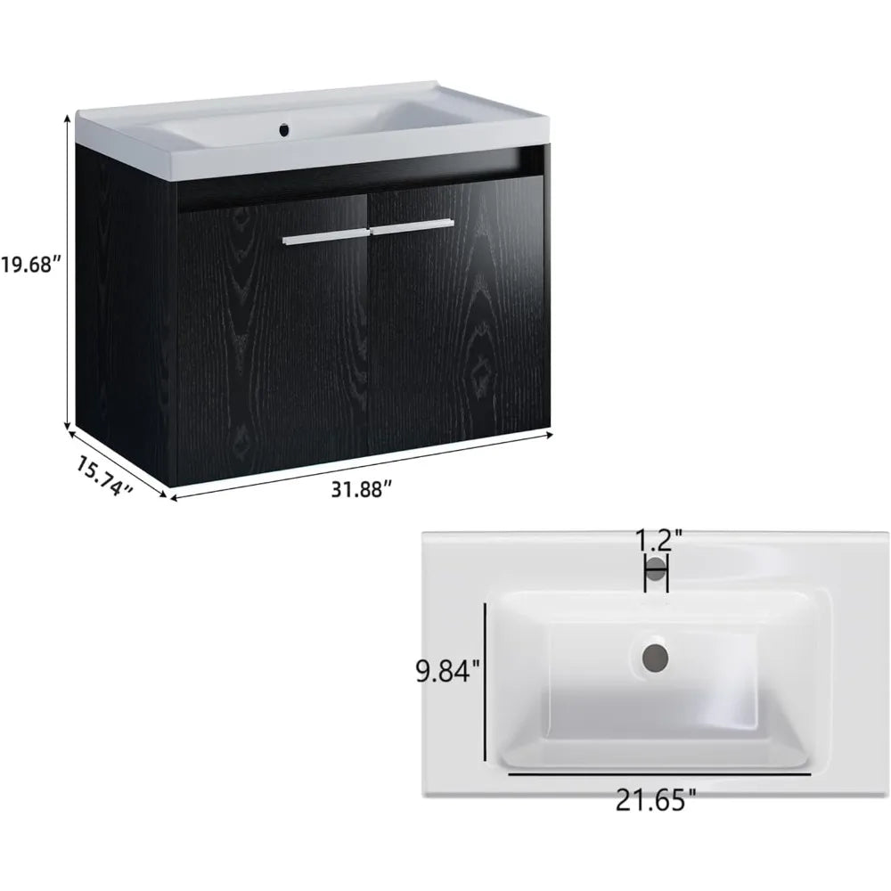 Floating Bathroom Vanity with Sink, Modern Clearance Bathroom Vanities LED Light, 31" Black Bathroom Sink Cabinet with 2 Doors - Blu Lotus Boutique