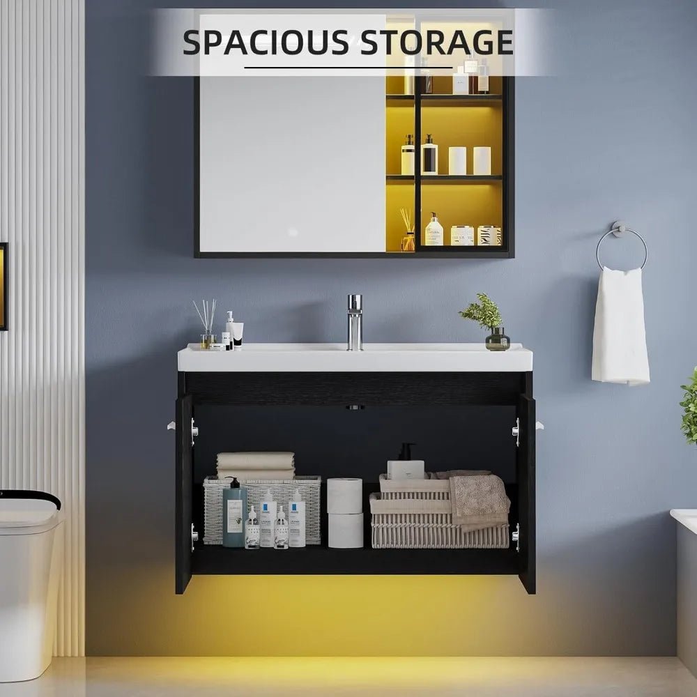 Floating Bathroom Vanity with Sink, Modern Clearance Bathroom Vanities LED Light, 31" Black Bathroom Sink Cabinet with 2 Doors - Blu Lotus Boutique