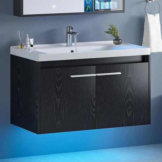 Floating Bathroom Vanity with Sink, Modern Clearance Bathroom Vanities LED Light, 31" Black Bathroom Sink Cabinet with 2 Doors - Blu Lotus Boutique