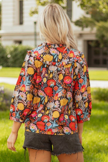 Floral 3/4 Puff Sleeve Tied Neck Blouse - Blu Lotus Boutique