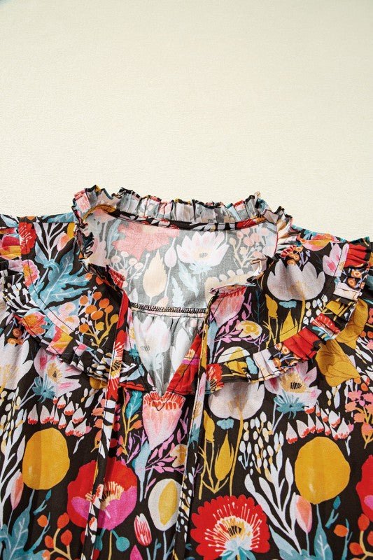 Floral 3/4 Puff Sleeve Tied Neck Blouse - Blu Lotus Boutique