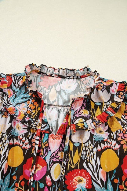 Floral 3/4 Puff Sleeve Tied Neck Blouse - Blu Lotus Boutique