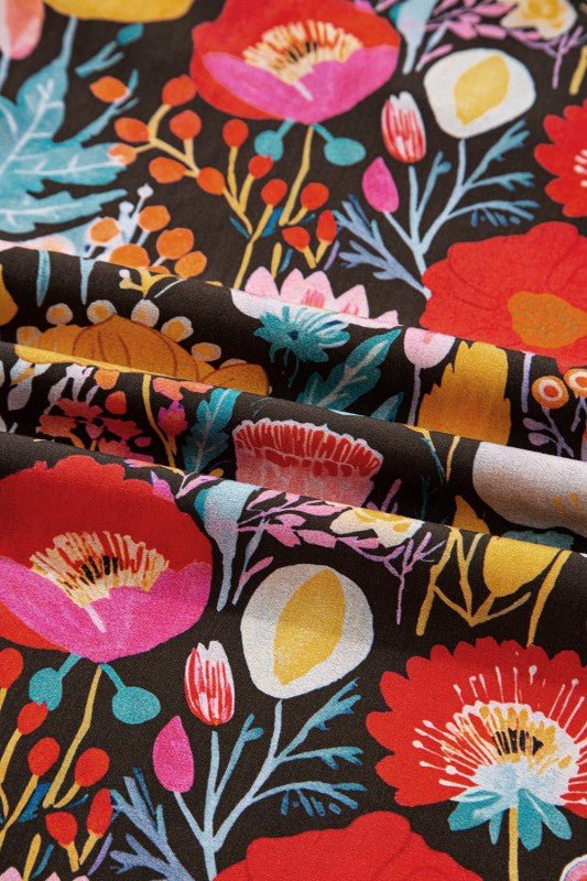 Floral 3/4 Puff Sleeve Tied Neck Blouse - Blu Lotus Boutique