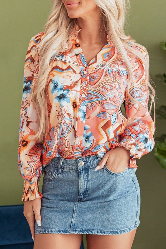 Floral Button - Up Shirred Cuff Shirt - Blu Lotus Boutique