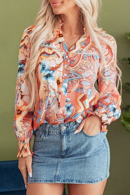 Floral Button - Up Shirred Cuff Shirt - Blu Lotus Boutique