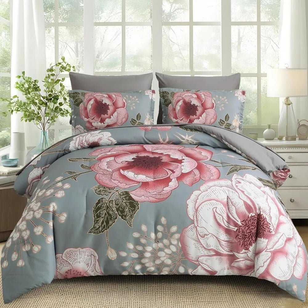 Floral Comforter Set King Size 7 Pieces Bed in a Bag, Pink Flower Print on Gray Bedding Set, Soft Microfiber Bedding Set - Blu Lotus Boutique