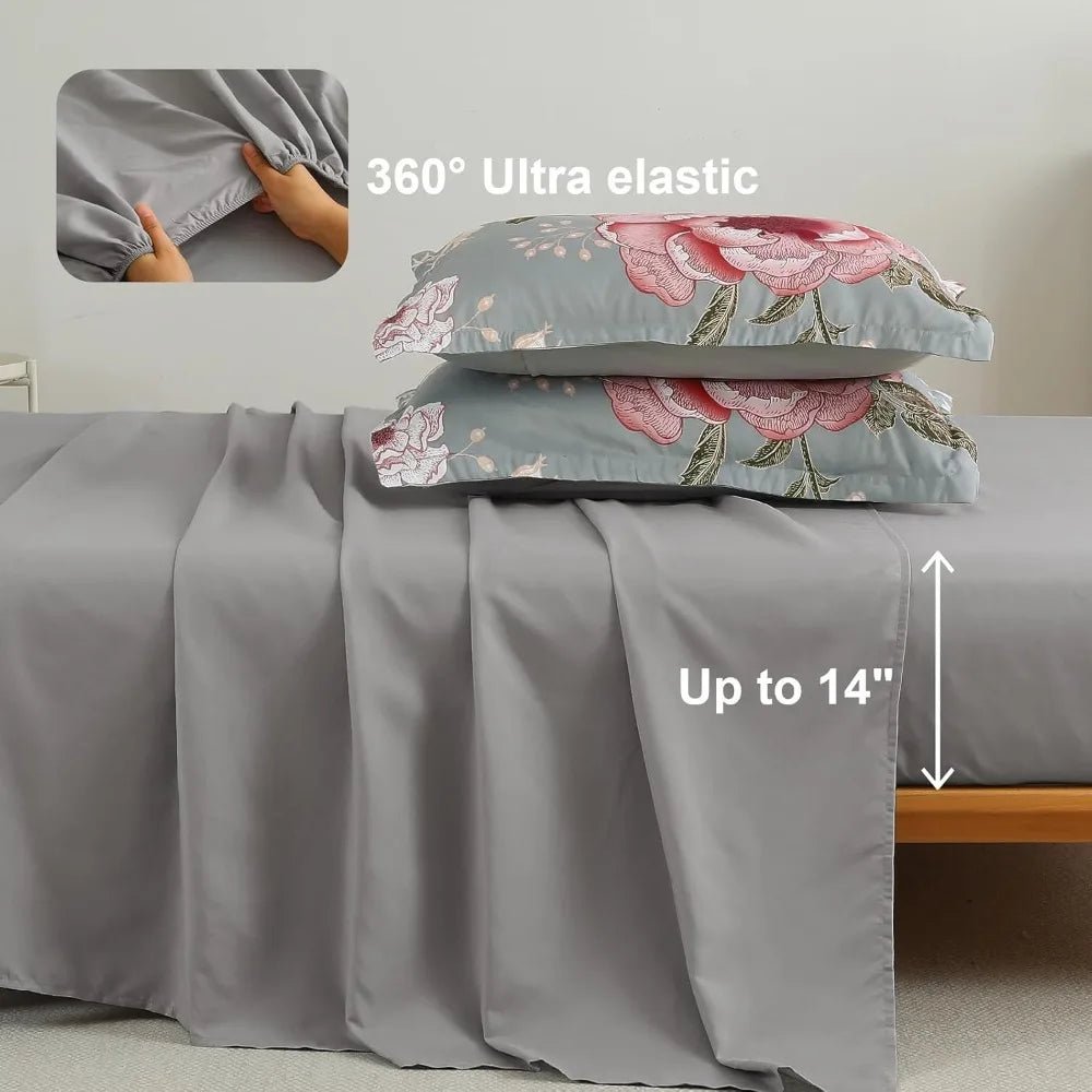 Floral Comforter Set King Size 7 Pieces Bed in a Bag, Pink Flower Print on Gray Bedding Set, Soft Microfiber Bedding Set - Blu Lotus Boutique