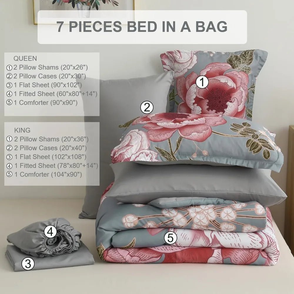 Floral Comforter Set King Size 7 Pieces Bed in a Bag, Pink Flower Print on Gray Bedding Set, Soft Microfiber Bedding Set - Blu Lotus Boutique