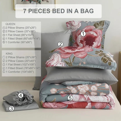 Floral Comforter Set King Size 7 Pieces Bed in a Bag, Pink Flower Print on Gray Bedding Set, Soft Microfiber Bedding Set - Blu Lotus Boutique