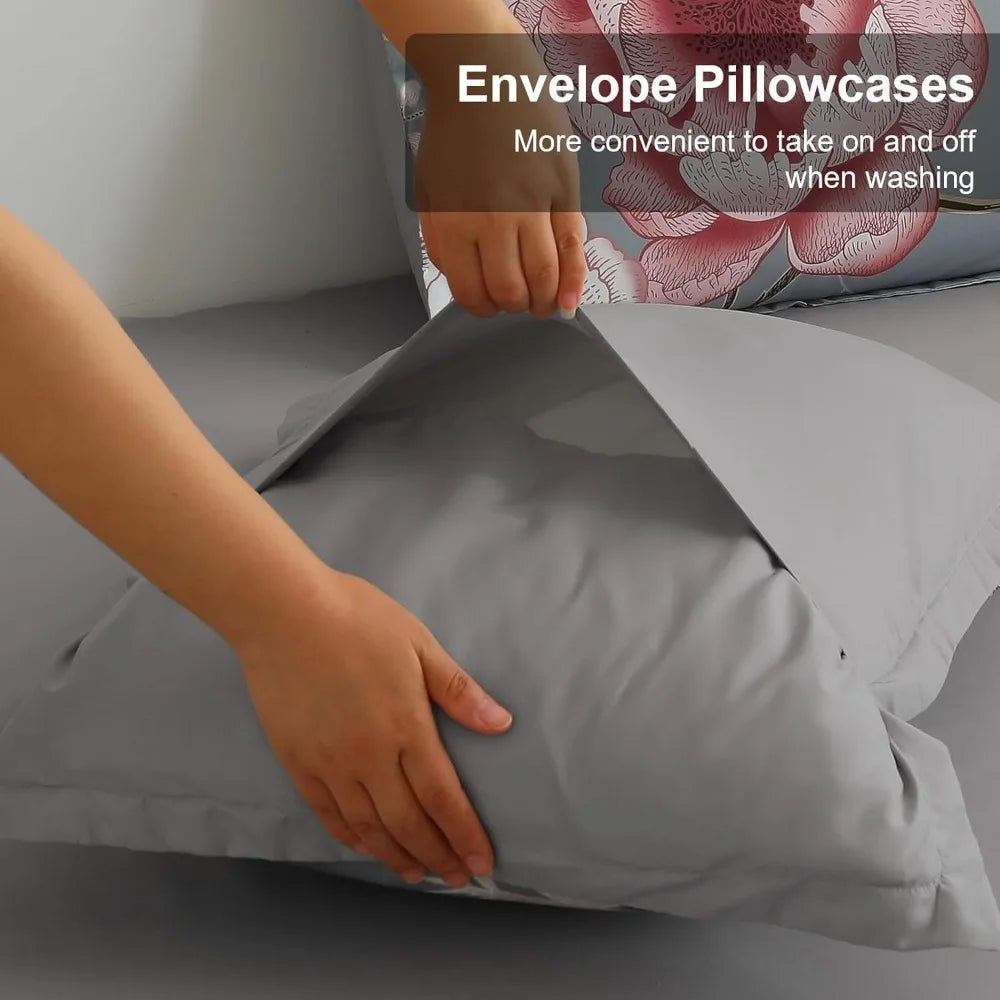 Floral Comforter Set King Size 7 Pieces Bed in a Bag, Pink Flower Print on Gray Bedding Set, Soft Microfiber Bedding Set - Blu Lotus Boutique