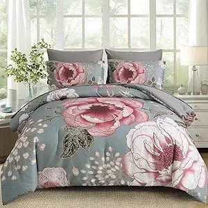 Floral Comforter Set King Size 7 Pieces Bed in a Bag, Pink Flower Print on Gray Bedding Set, Soft Microfiber Bedding Set - Blu Lotus Boutique