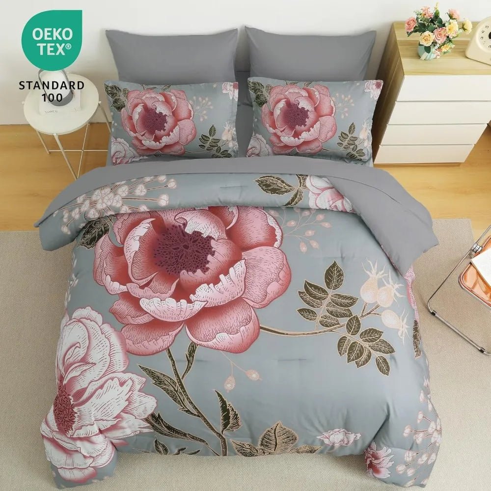 Floral Comforter Set King Size 7 Pieces Bed in a Bag, Pink Flower Print on Gray Bedding Set, Soft Microfiber Bedding Set - Blu Lotus Boutique
