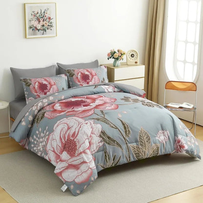 Floral Comforter Set King Size 7 Pieces Bed in a Bag, Pink Flower Print on Gray Bedding Set, Soft Microfiber Bedding Set - Blu Lotus Boutique