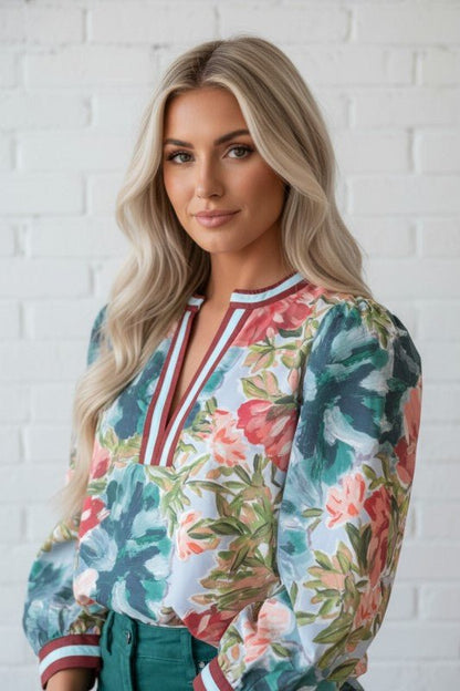 Floral Contrast Trim Cuffed 3/4 Sleeve Blouse - Blu Lotus Boutique