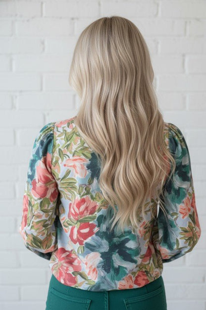 Floral Contrast Trim Cuffed 3/4 Sleeve Blouse - Blu Lotus Boutique