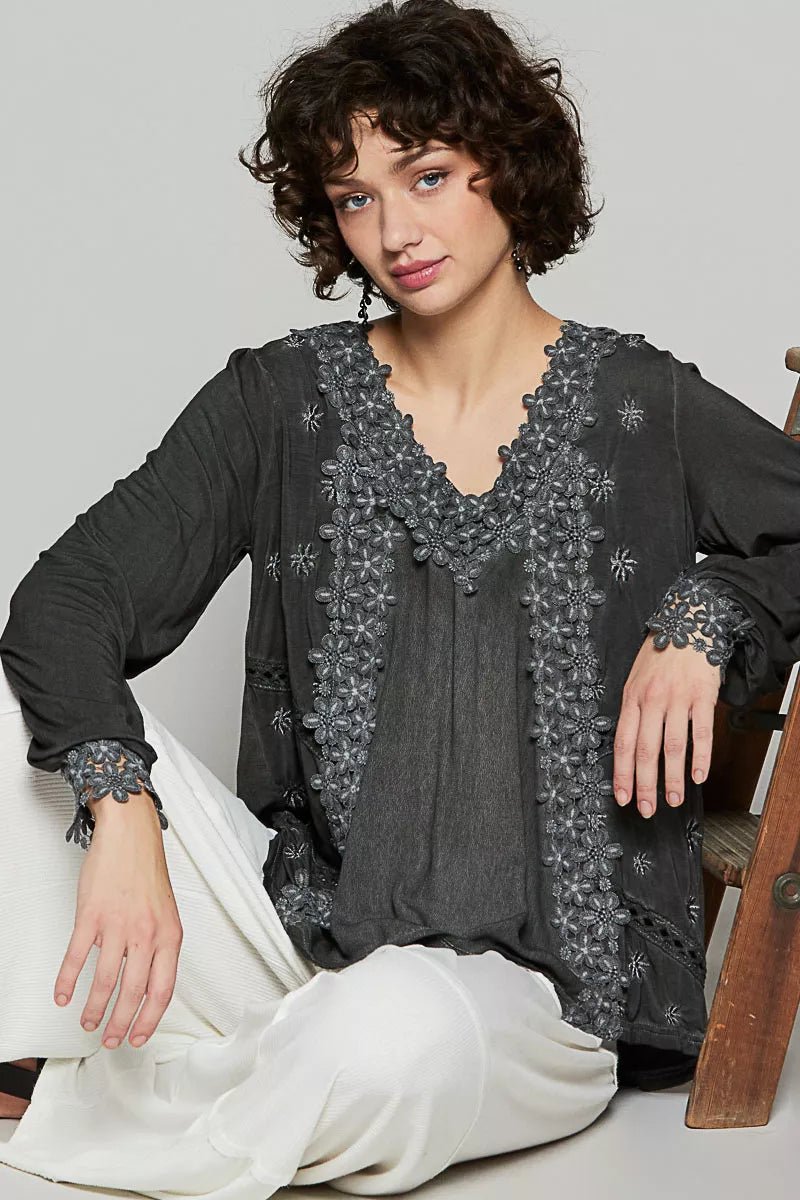 Floral Embroidery Woven Top with Lace Trim - Blu Lotus Boutique