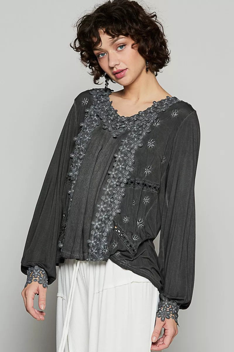 Floral Embroidery Woven Top with Lace Trim - Blu Lotus Boutique