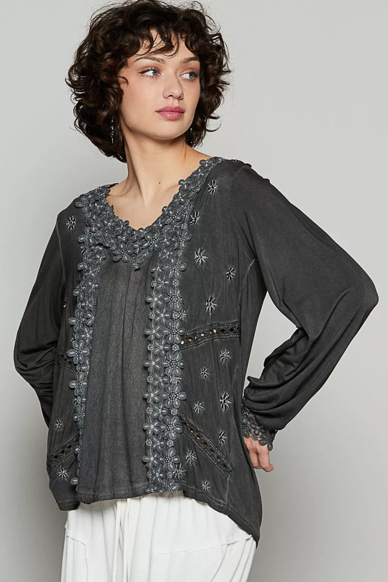 Floral Embroidery Woven Top with Lace Trim - Blu Lotus Boutique