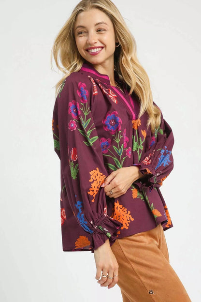 Floral Flounce Sleeve Blouse - Blu Lotus Boutique