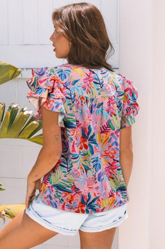 Floral Frilled Notch Neck Ruffle Sleeve Blouse - Blu Lotus Boutique