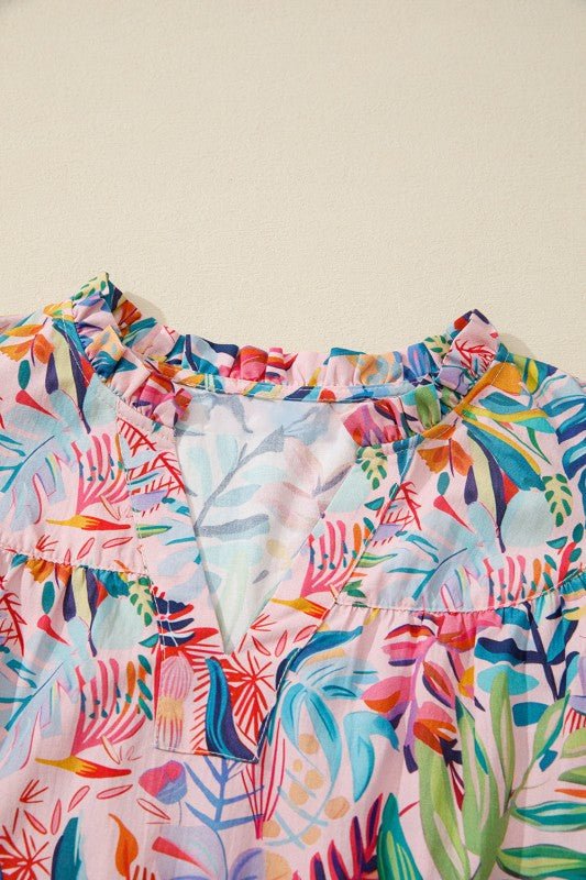 Floral Frilled Notch Neck Ruffle Sleeve Blouse - Blu Lotus Boutique