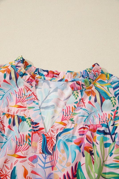 Floral Frilled Notch Neck Ruffle Sleeve Blouse - Blu Lotus Boutique