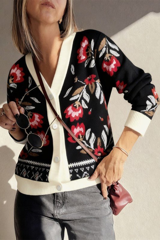 Floral Knit Button - Front V - Neck Cardigan - Blu Lotus Boutique