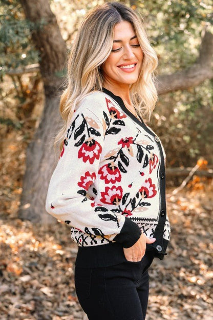 Floral Knit Button - Front V - Neck Cardigan - Blu Lotus Boutique