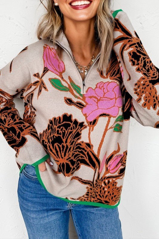 Floral Knit Quarter - Zip Long Sleeve Sweater - Blu Lotus Boutique