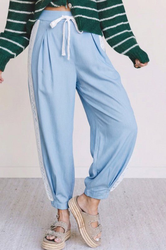 Floral Lace Patch Pocket Pleated Wide Leg Pants - Blu Lotus Boutique