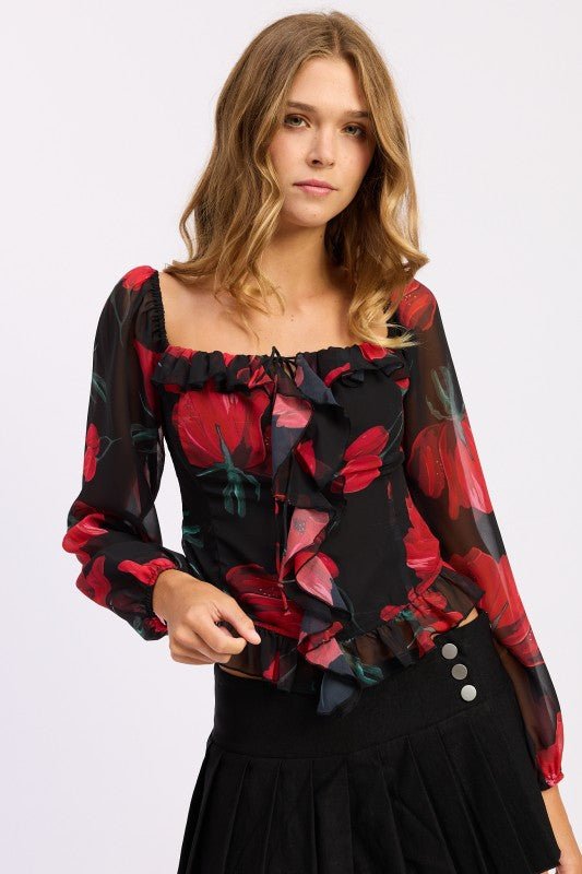 FLORAL LONG SLEEVE RUFFLED TOP - Blu Lotus Boutique